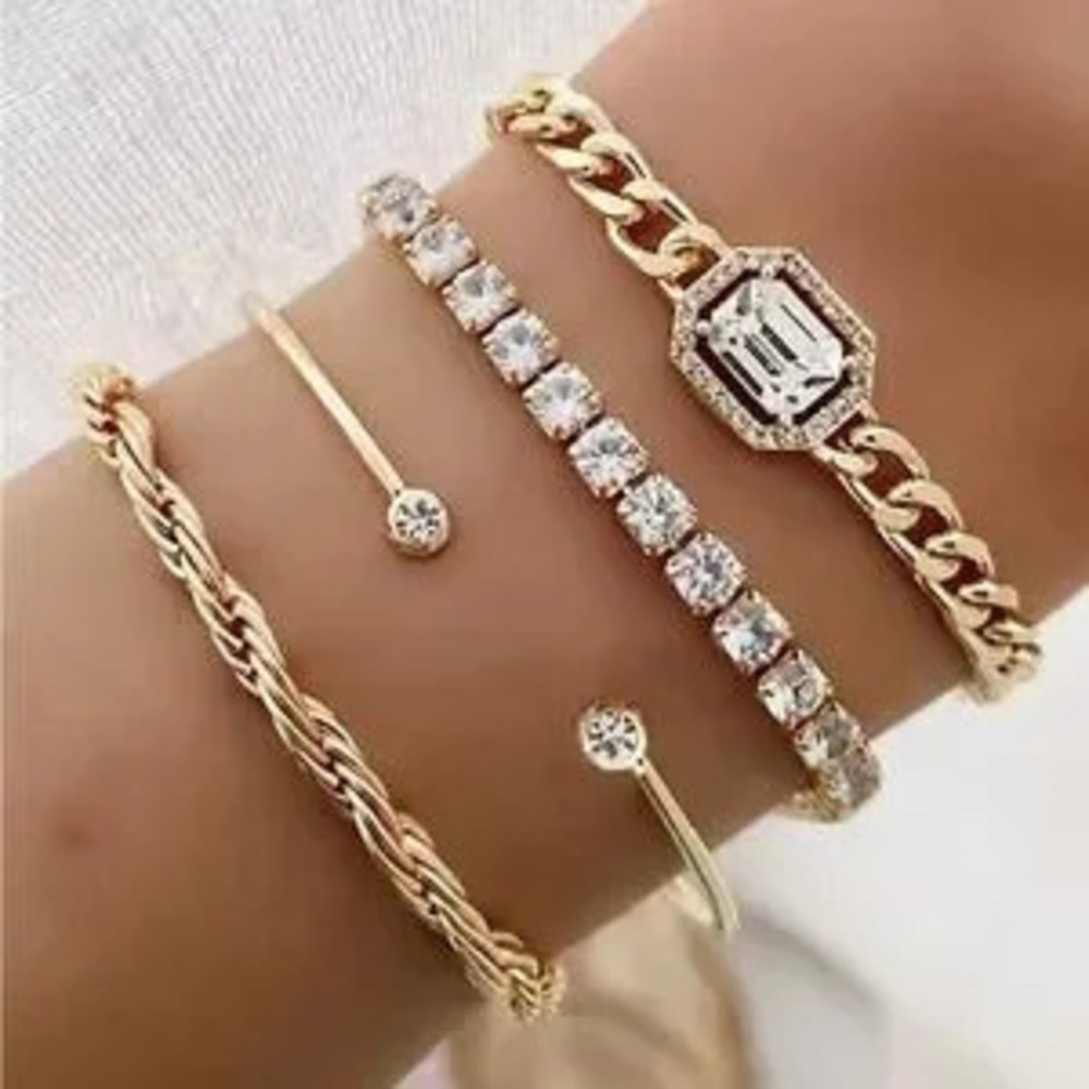 Gold Bracelet Set with Chain Bangle and Tennis Styles